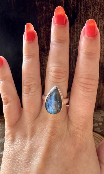 DEEP SEA TEARDROP LABRADORITE Sterling Silver Ring • Size 7