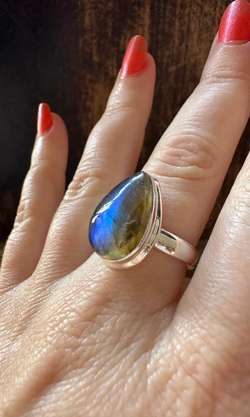 DEEP SEA TEARDROP LABRADORITE Sterling Silver Ring • Size 7