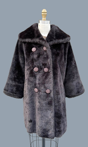 VINTAGE RICH CHOCOLATE 60s/70s Faux Fur Coat • Small