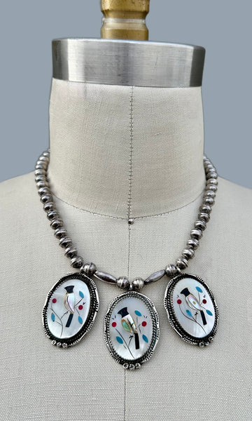 VINTAGE ZUNI Cardinal Bird Inlay Necklace, Multi-Stone Inlay
