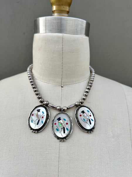 VINTAGE ZUNI Cardinal Bird Inlay Necklace, Multi-Stone Inlay