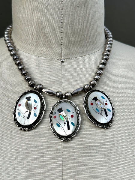 VINTAGE ZUNI Cardinal Bird Inlay Necklace, Multi-Stone Inlay