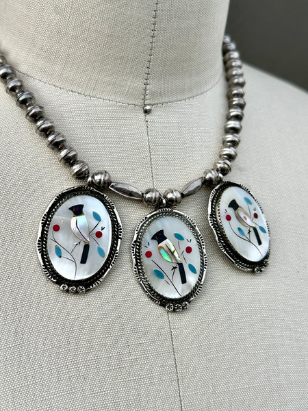 VINTAGE ZUNI Cardinal Bird Inlay Necklace, Multi-Stone Inlay