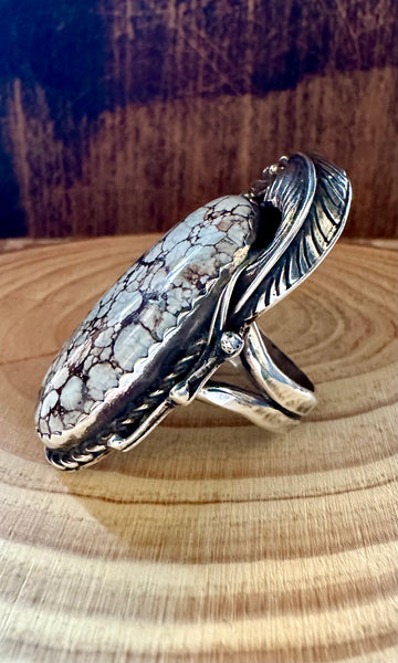 TWO FEATHERS Ice Blue Turquoise & Sterling Silver Ring • Size 10 1/4