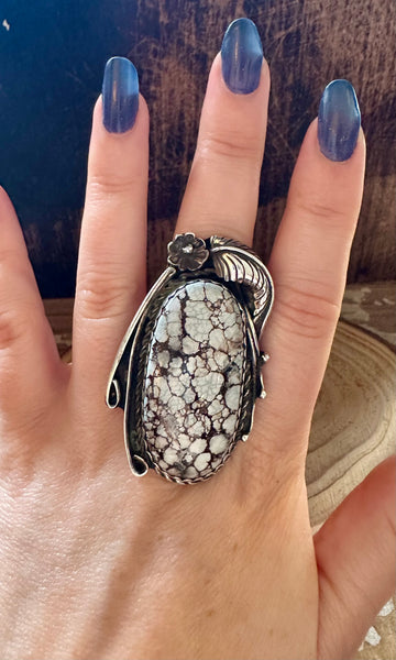 TWO FEATHERS Ice Blue Turquoise & Sterling Silver Ring • Size 10 1/4