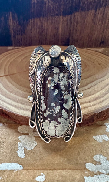 TWO FEATHERS Large Turquoise & Sterling Silver Ring • Size 11 1/4