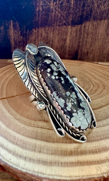 TWO FEATHERS Large Turquoise & Sterling Silver Ring • Size 11 1/4