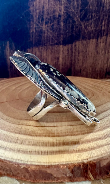 TWO FEATHERS Large Turquoise & Sterling Silver Ring • Size 11 1/4