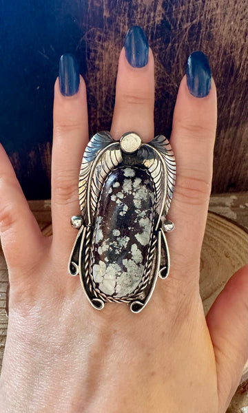 TWO FEATHERS Large Turquoise & Sterling Silver Ring • Size 11 1/4