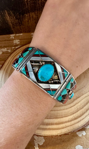 VINTAGE ZUNI Turquoise, Coral, Jet, Abalone, Inlay & Silver Bracelet • 50g