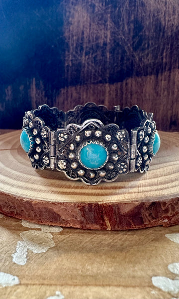 TURQUOISE MEXICAN FILIGREE Vintage Sterling Silver Bracelet • 36g