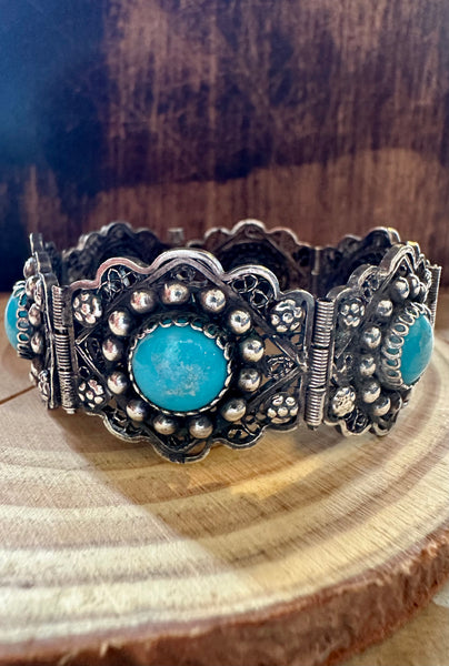 TURQUOISE MEXICAN FILIGREE Vintage Sterling Silver Bracelet • 36g