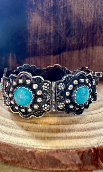 TURQUOISE MEXICAN FILIGREE Vintage Sterling Silver Bracelet • 36g