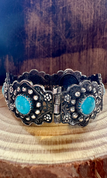 TURQUOISE MEXICAN FILIGREE Vintage Sterling Silver Bracelet • 36g