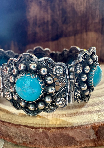 TURQUOISE MEXICAN FILIGREE Vintage Sterling Silver Bracelet • 36g