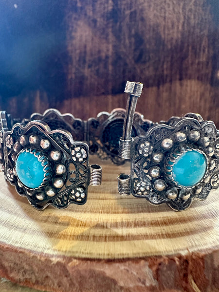 TURQUOISE MEXICAN FILIGREE Vintage Sterling Silver Bracelet • 36g