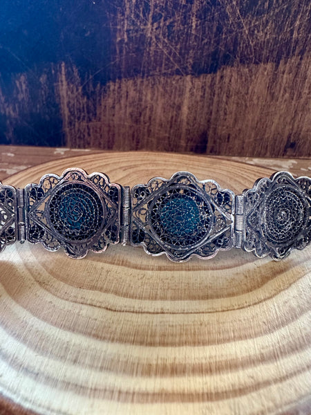 TURQUOISE MEXICAN FILIGREE Vintage Sterling Silver Bracelet • 36g