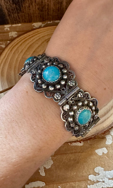 TURQUOISE MEXICAN FILIGREE Vintage Sterling Silver Bracelet • 36g