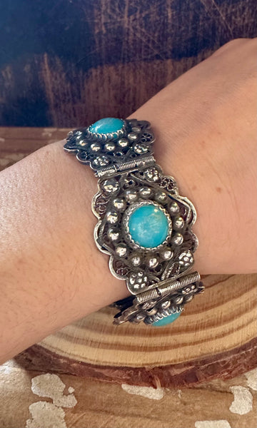 TURQUOISE MEXICAN FILIGREE Vintage Sterling Silver Bracelet • 36g
