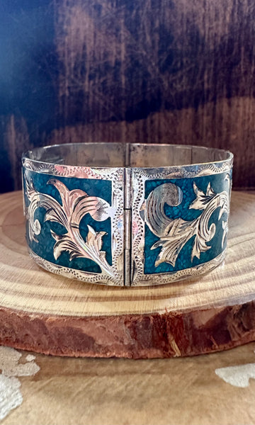 VINTAGE MEXICAN SILVER & Turquoise Inlay Bracelet • 44g