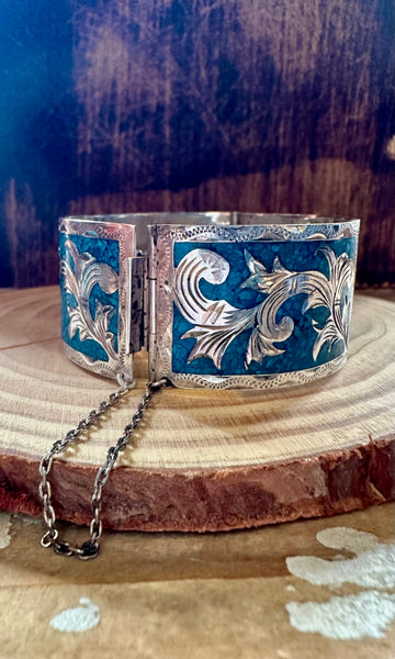 VINTAGE MEXICAN SILVER & Turquoise Inlay Bracelet • 44g
