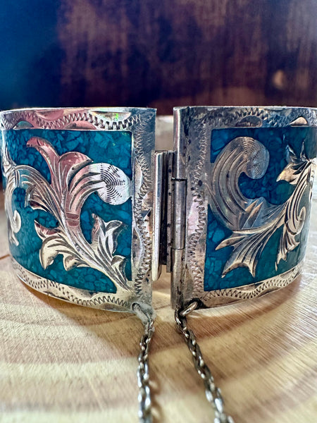 VINTAGE MEXICAN SILVER & Turquoise Inlay Bracelet • 44g