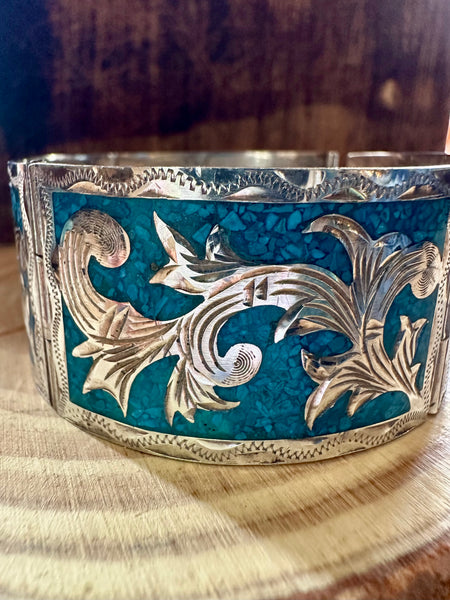 VINTAGE MEXICAN SILVER & Turquoise Inlay Bracelet • 44g