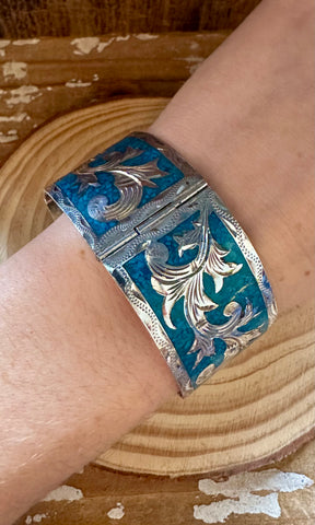 VINTAGE MEXICAN SILVER & Turquoise Inlay Bracelet • 44g