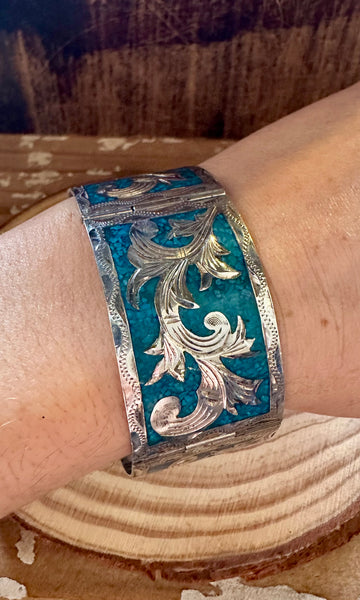VINTAGE MEXICAN SILVER & Turquoise Inlay Bracelet • 44g