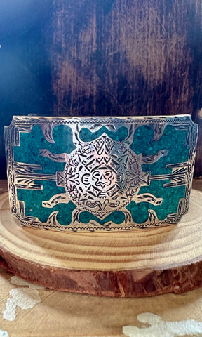 VINTAGE MEXICAN SILVER & Turquoise Inlay Belt Buckle