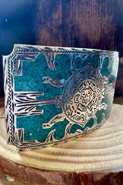 VINTAGE MEXICAN SILVER & Turquoise Inlay Belt Buckle