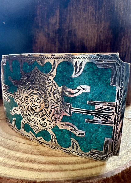 VINTAGE MEXICAN SILVER & Turquoise Inlay Belt Buckle