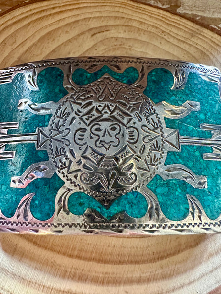 VINTAGE MEXICAN SILVER & Turquoise Inlay Belt Buckle