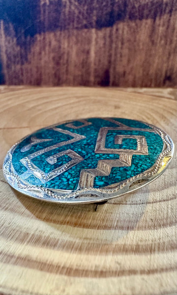 VINTAGE MEXICAN SILVER & Turquoise Inlay Pendant/Pin