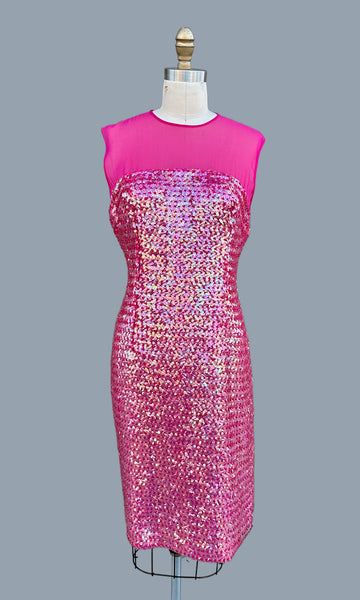 VINTAGE MERMAID Pink Sequin & Sheer 60s Dress • Medium