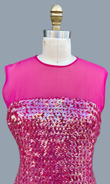 VINTAGE MERMAID Pink Sequin & Sheer 60s Dress • Medium
