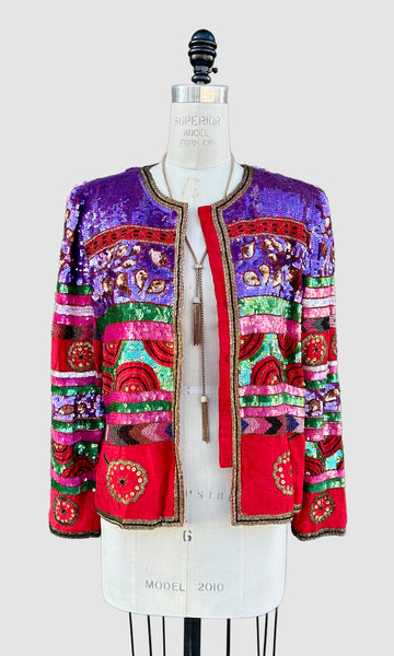 LAURENEE KAZAR Vintage Sequin Silk 90s Jacket • Large