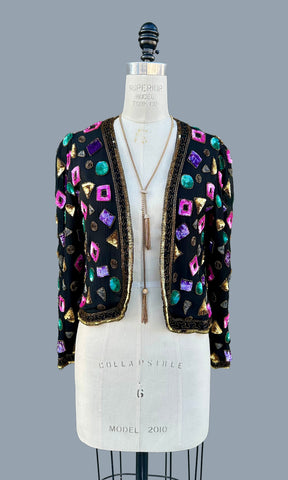 LESLIE FAY Evenings Vintage Sequin Silk 80s/90s Jacket • Small
