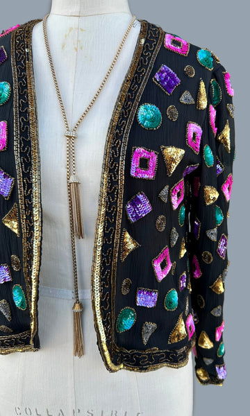 LESLIE FAY Evenings Vintage Sequin Silk 80s/90s Jacket • Small