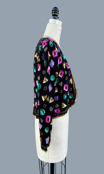 LESLIE FAY Evenings Vintage Sequin Silk 80s/90s Jacket • Small