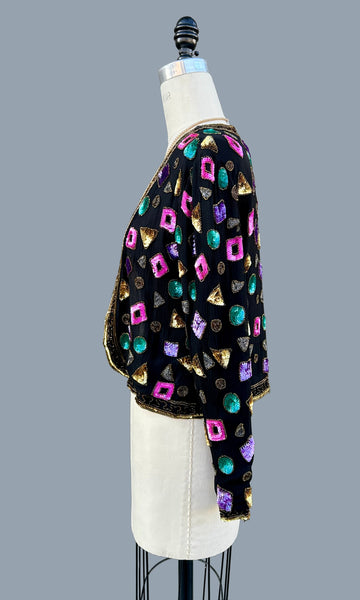 LESLIE FAY Evenings Vintage Sequin Silk 80s/90s Jacket • Small