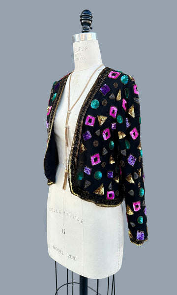 LESLIE FAY Evenings Vintage Sequin Silk 80s/90s Jacket • Small