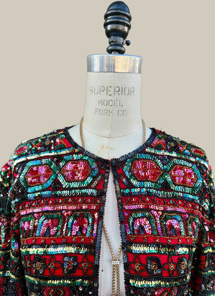 PAPÉLL BOUTIQUE Evening Vintage Sequin Silk 80s/90s Jacket • Small