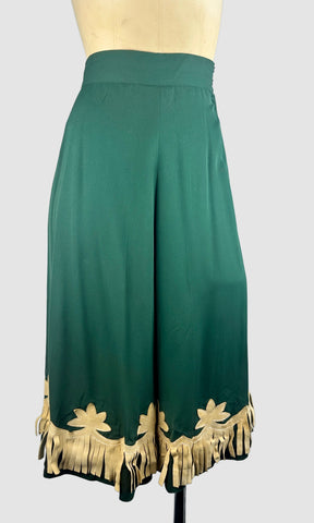 BEST WESTERN 40s Leather Fringe Green Gabardine Culottes • Small