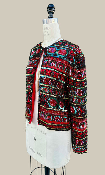 PAPÉLL BOUTIQUE Evening Vintage Sequin Silk 80s/90s Jacket • Small