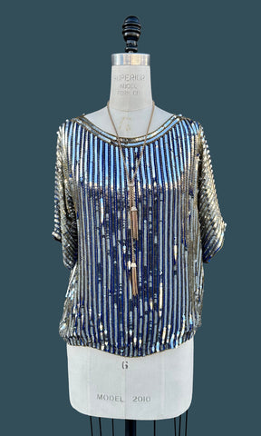 VINTAGE SITARA SILK Sequin 80s Top • Medium