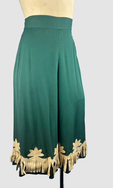 BEST WESTERN 40s Leather Fringe Green Gabardine Culottes • Small