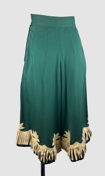 BEST WESTERN 40s Leather Fringe Green Gabardine Culottes • Small