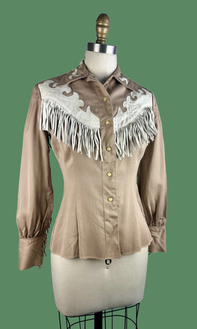 HILLBILLY WESTERNS Denver 40s Western Leather Fringe Gabardine Shirt • Small
