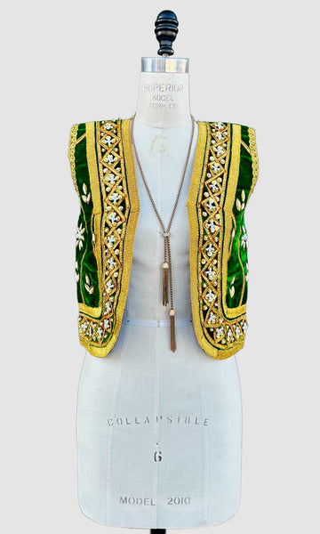 VINTAGE JEWELED VELVET Green & Gold 60s/70s Vest • Small